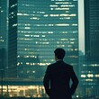 © Adam - 一位年轻的中国商人的电影场景，他站着凝视办公楼，目光坚定地望向远方，背景是模糊的商业中心。