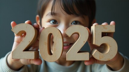 A girl folded old shabby cubes into 2025 on New Year's Eve, 2025 celebration concept