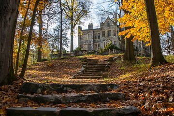 Wall Mural - Stone steps leading to a grand manor house in the fall forest