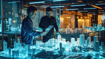 An AI assistant as a floating holographic grid collaborates with an urban planner in a futuristic city model room, providing real-time planning suggestions. AIG60