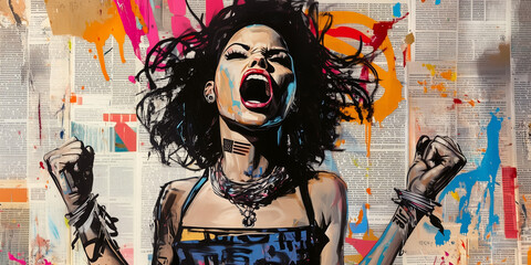 Wall Mural - Woman screaming for rights equality freedom, rebel fighting spirit, urban street art graffiti