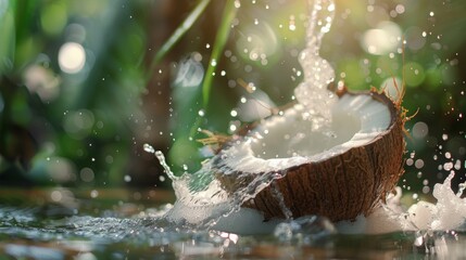 Cracked Coconut Splashing Fresh Tropical Drink in Nature