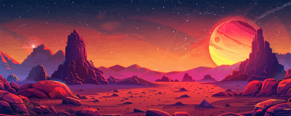 Desert planet landscape with magnificent red rocks and a starry sky. Vector flat minimalistic isolated illustration in digital art style.