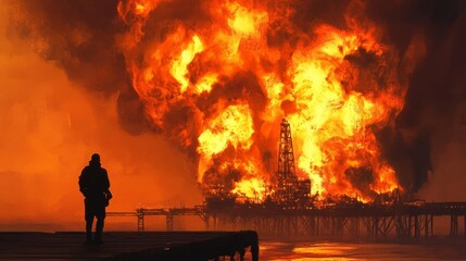 massive oil platform engulfed in flames, with an intense explosion in the background, as two silhouetted figures and a dog look on, highlighting the terrifying power of the disaster