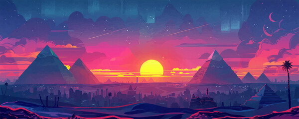 Wall Mural - futuristic landscape with views of the pyramids and the city. vector simple illustration