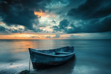 Lonely boat on the calm sea water at sunrise with colorful clouds background