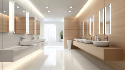 The restroom features a series of modern sinks, possibly arranged in a linear fashion. Each sink has a sleek, minimalist design, made of high-quality materials like porcelain or solid surface