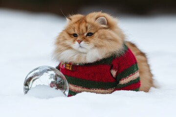 A fluffy cat dressed in a colorful sweater lounges in the snow, next to a sparkling ornament, amidst a serene winter atmosphere