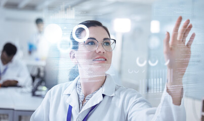 Sticker - Woman, scientist and happy with digital interface at laboratory for medical research and innovation. Female person, employee and smile with overlay for healthcare investigation, study and statistics