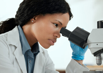 Poster - Black woman, microscope and research in lab for chemistry, observation and experiment results. Scientist, tech and science at table for medicine engineering, pharmaceutical development and healthcare