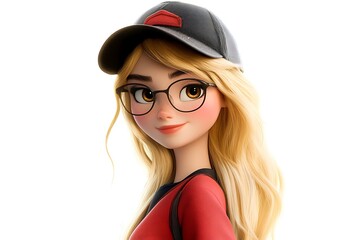 Poster - Cartoon Illustration of a Young Woman with Blonde Hair, Glasses, and a Baseball Cap