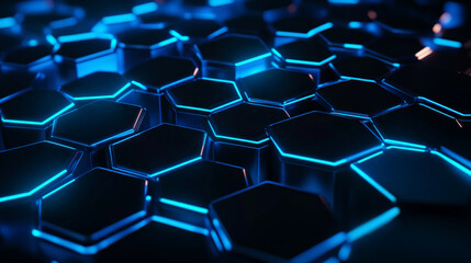 Wall Mural - Dynamic networking design with interconnected metallic hexagons glowing in neon blue, against a dark gradient background for a futuristic look.