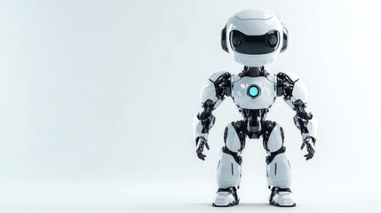 a white robot with a blue light stands on a white background.