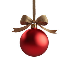 Isolated red Christmas ball decoration on transparent background. Christmas tree decoration with a bow. Hanging red ball. Cut out christmas glass ball.