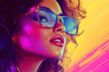 Sticker - Close-up Portrait of a Woman with Colorful Glasses and Abstract Background