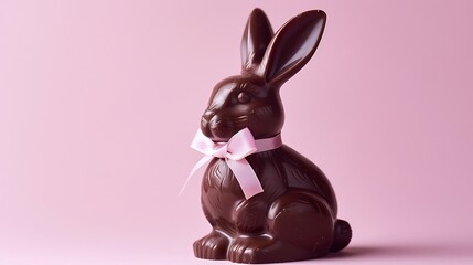 A single chocolate bunny with a bow on a soft lavender background