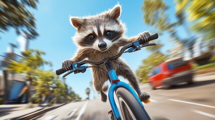  A raccoon joyfully rides a bicycle along a sunny city street filled with trees and parked cars during the afternoon