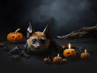 Wall Mural - Halloween bat and pumpkin candles