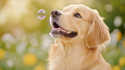 Canvas Print - A dog blowing bubbles in the air while looking at it, AI