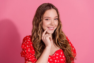 Wall Mural - Photo portrait of attractive teen woman look minded curious camera dressed stylish red clothes isolated on pink color background