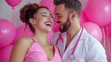 Poster - A man and woman in a doctor's office with balloons behind them, AI