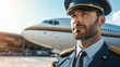 © JK_kyoto - Confident airline pilot standing proudly next to a modern aircraft, depicting professionalism and dedication to aviation safety.