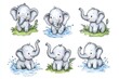 © JK_kyoto - Cute cartoon elephants playing in water and grass, showcasing playful and joyful moments. Perfect for children's themes and designs.