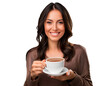 © Giama22 - A cheerful woman with a cup of coffee, set against a clear background.