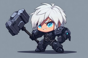 Canvas Print - Chibi Anime Character with White Hair Holding a Giant Hammer