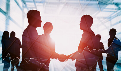 Wall Mural - double exposure image of many business people conference group meeting on city office building in ba