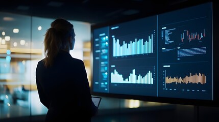 business woman next to monitor with chart display