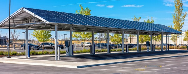 Wall Mural - An environmentally friendly parking lot with canopies made from aluminum siding, equipped with solar panels to power nearby street lights and electric vehicle charging stations