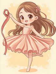 Sticker - Cute cartoon girl in a pink dress holding a red ribbon