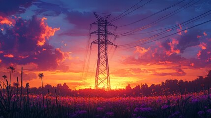 Stunning Sunset with Power Lines in Vibrant Sky