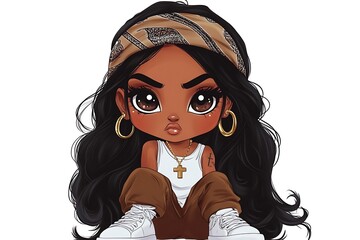 Wall Mural - Cute Cartoon Illustration of a Black Girl With Big Eyes, Bandana, and White Sneakers