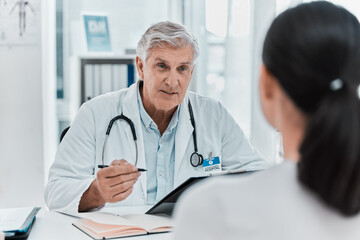 Poster - Mature doctor, patient and appointment in office clinic for healthcare, checkup or advice. Medical professional, woman and conversation for help, exam or results on clipboard in hospital consultation