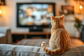 Ginger Cat Sitting on a Couch Watching Television