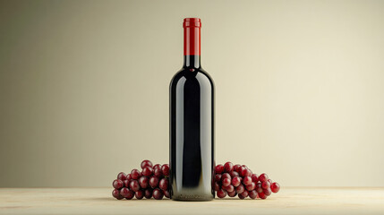 A bottle of red wine surrounded by fresh grapes, set on a rustic wooden surface in a cozy atmosphere