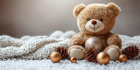  A teddy bear sits on a cozy blanket, surrounded by shimmering gold balls, creating a warm and inviting scene.

