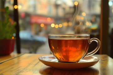 Hot tea on table in Cafe. GenerativeAI