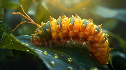 Wall Mural - Close-Up of a Vibrant Caterpillar on a Dew-Covered Leaf