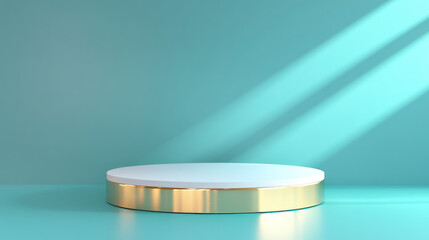 A high-end 3D platform with a white and gold round pedestal, set against a gradient teal background with elegant spotlighting, perfect for product presentation.