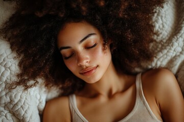 Sticker - Close-up of a Young Woman with Curly Hair Sleeping on a Bed