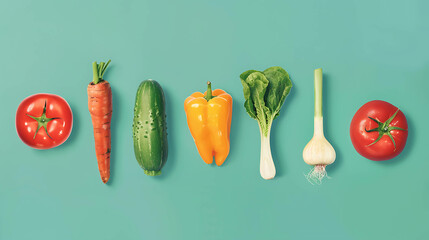 Fresh vegetables in a row on a blue background.