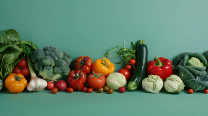 Wall Mural - Assortment of fresh vegetables on a green background.