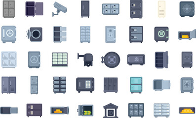 Wall Mural - This is a vector illustration set featuring various security systems, including modern safe boxes, vaults, and surveillance cameras, all focused on protecting valuable assets