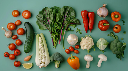 A flat lay of a variety of fresh vegetables on a green background.