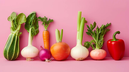 Wall Mural - Colorful vegetables in a row on a pink background.