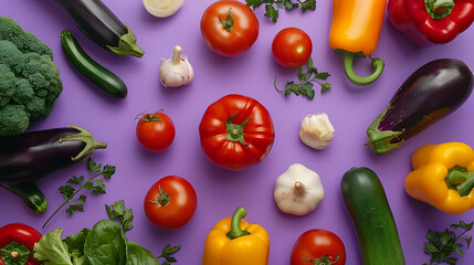 Wall Mural - A flat lay of fresh vegetables on a purple background.