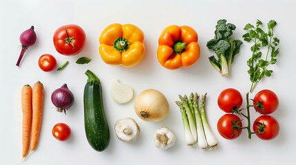 Wall Mural - Assortment of fresh vegetables laid out on white background.